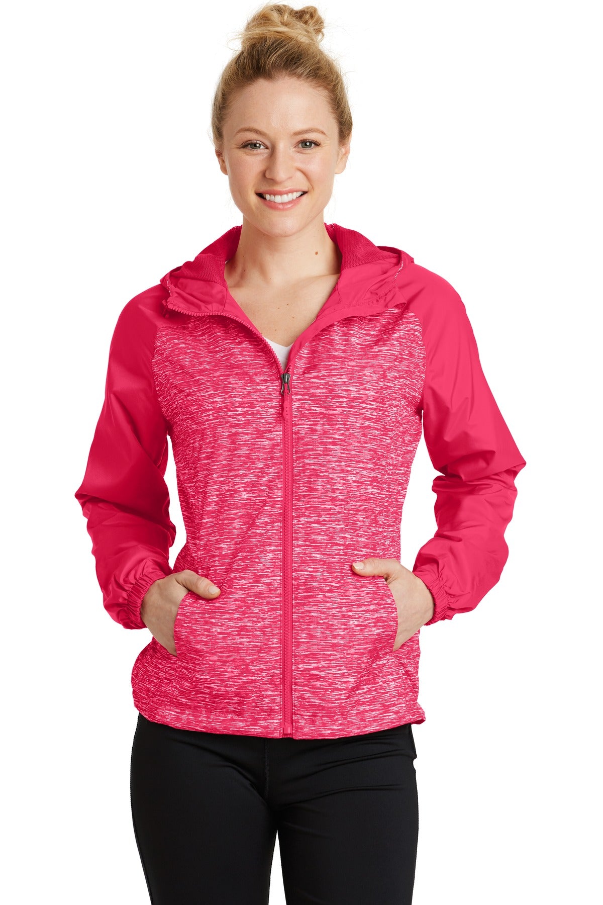 Sport-Tek® Ladies Heather Colorblock Raglan Hooded Wind Jacket. LST40
